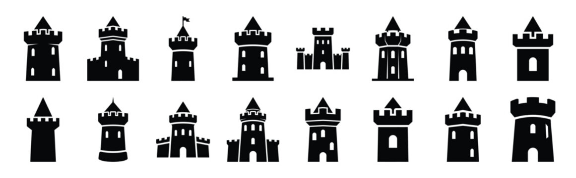 castle tower silhouette icon set