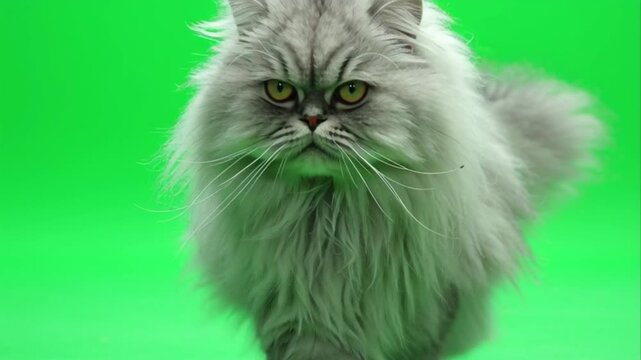A fluffy grey Persian cat with a flat face and serious expression walks deliberately towards the camera.