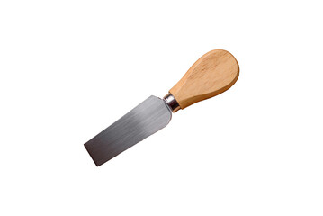 A set of cheese knives with a wooden cutting board, slicing tools. Cheese knives