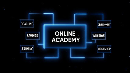 Online Academy Concept with Glowing Blue Lines and Keywords e-learning digital education