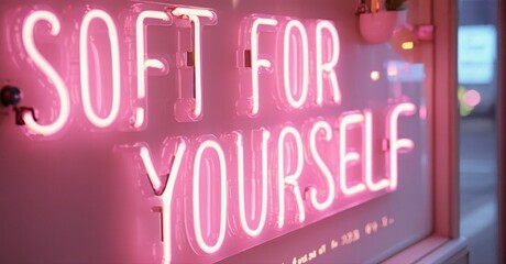Bright pink neon sign displays text. Words soft for yourself glow prominently. Background blurred, suggesting shop interior.