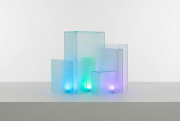 Abstract glowing translucent acrylic blocks in varying sizes and shapes emitting soft blue, cyan, and purple light on a light gray surface against a pale background
