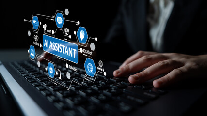 A visual representation of an AI assistant concept featuring interactive icons and digital networking elements over a laptop, symbolizing innovation and efficiency. Tessel