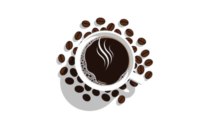 Obraz premium A steaming cup of coffee surrounded by scattered coffee beans top view