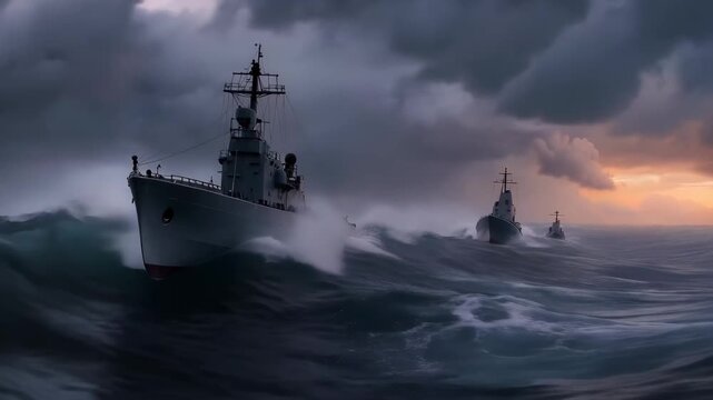 Three ships navigate through high waves at sunset near the coast