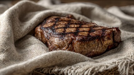 Obraz premium Grilled steak resting on linen cloth, neutral beige tones, calm minimalist mood