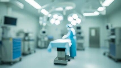 Blurred Operating Room Scene with Surgeon Preparing for Surgery Under Bright Lights
