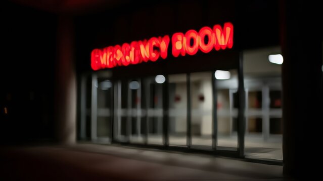 Blurred red emergency room sign at night entrance of a medical facility