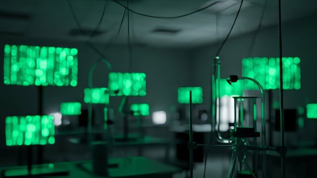 Blurry green digital data streams on multiple computer screens in a dark laboratory setting - Powered by Adobe