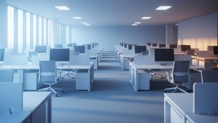 Empty modern office workspace with computers and natural light