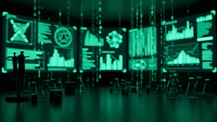 Glowing green digital data dashboards display complex analytics in a futuristic laboratory setting