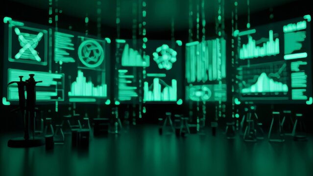 Glowing green digital data dashboards display complex analytics in a futuristic laboratory setting - Powered by Adobe