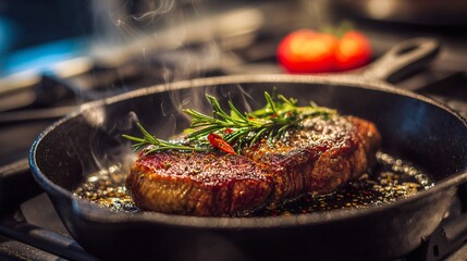 Steak photographed with cast-iron pan on stove, lifestyle cooking scene