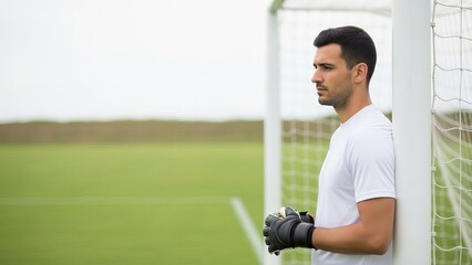 A man standing in front of a goalpost at a soccer field wearing a white t-shirt and black gloves