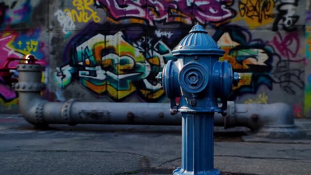 Bright blue fire hydrant next to colorful graffiti wall in a city alleyway during the daytime