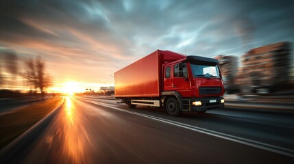 Obraz premium Red Truck Driving on a Road During Sunset With Dynamic Clouds and a Blurred Background of Buildings
