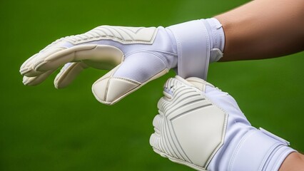 In the center of a blurred green field, two hands are seen adjusting white gloves with black textured fingertips