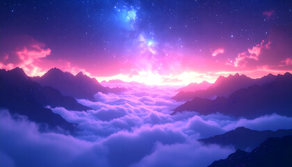 Minimalist flat vector illustration of rolling hills, layered undulating curves Ethereal landscape with rolling purple and blue fog 