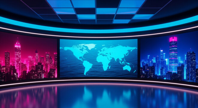 Modern 3D virtual news studio set featuring a wide panoramic screen displaying a blue world map, flanked by neon pink and blue cityscape backgrounds.