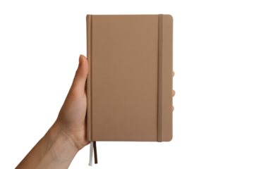 hand holding a beige notebook against a simple backdrop . Isolated on transparent background, png