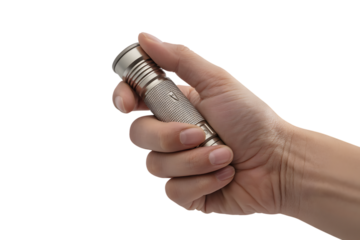 hand holding a silver flashlight . Isolated on transparent background, png