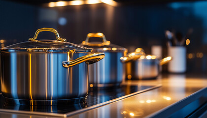 Stainless steel pots and pans arranged on kitchen counter. Cooking cookware set in modern kitchen design. Shiny metal cooking equipment