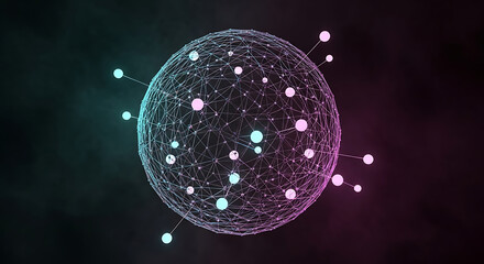 Abstract digital sphere with glowing nodes and connections on dark background