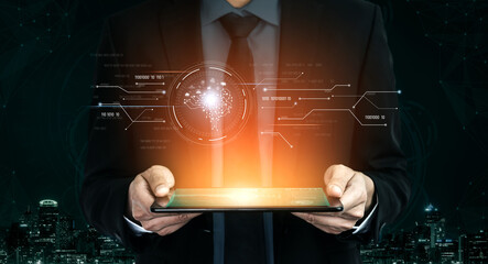 AI artificial intelligence with digital brain and connected data circuit. AI core processes data, AI core drives intelligence, enables connection, and AI core powers smart digital systems. Vouch