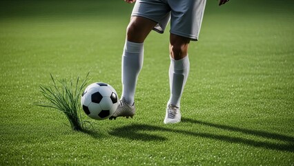 Obraz premium A player dressed in white shorts and socks kicking a soccer ball that is mid-air