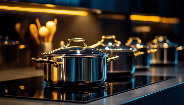 Stainless steel pots and pans arranged on kitchen counter. Cooking cookware set in modern kitchen design. Shiny metal cooking equipment
