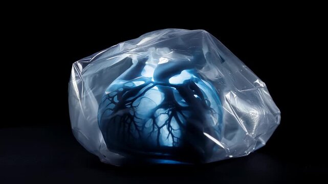 Art display of a heart sculpture inside clear plastic at an exhibit