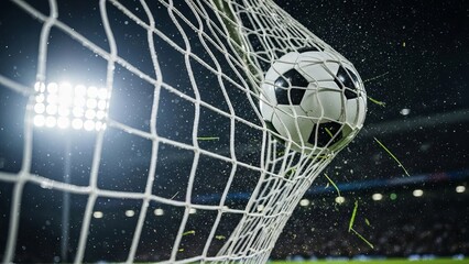 A soccer ball suspended in mid-air, just about to make contact with the goalpost