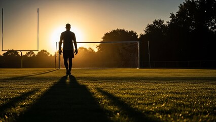 A soccer player dressed in black pants and a white shirt walking away from the camera across a verdant field