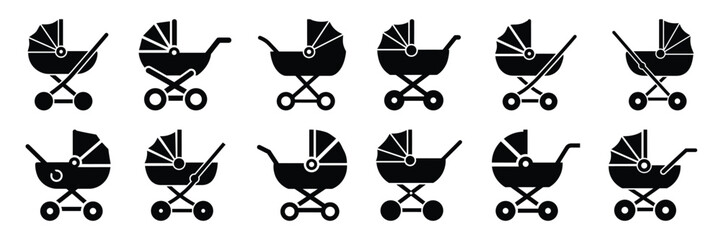 Collection of Silhouette baby stroller icon set isolated on transparent background. Vector illustration set. © KartikChandro