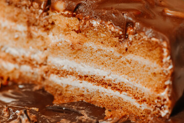 large brown sliced chocolate cake with cream and peanuts, sweet tasty food for holydays and celebrating, partly eaten, selective focus
