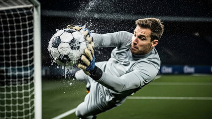 A soccer goalkeeper diving to catch a white and black soccer ball suspended above his head, with the goalkeeper's arms extended outwards