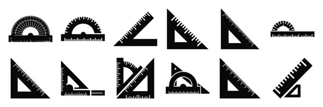 Collection of Silhouette angle ruler icon set isolated on transparent background. Vector illustration set.