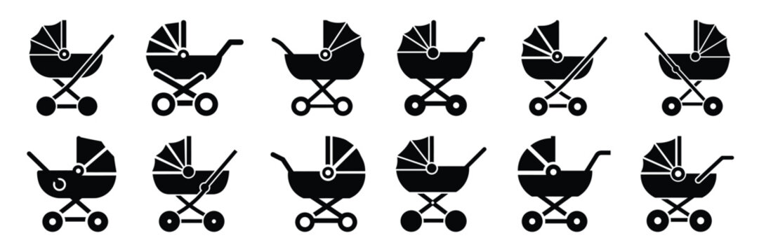Collection of Silhouette baby stroller icon set isolated on transparent background. Vector illustration set.