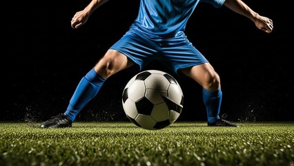 A soccer player dressed in blue shorts and jersey, poised to strike a white soccer ball that is slightly blurred due to motion