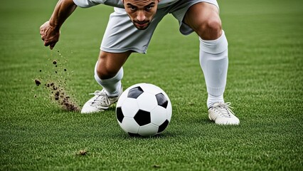 A soccer player crouched down with his right leg extended towards a white ball that is suspended in mid-air above him