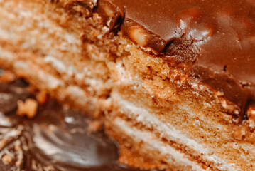 large brown sliced chocolate cake with cream and peanuts, sweet tasty food for holydays and celebrating, partly eaten, selective focus
