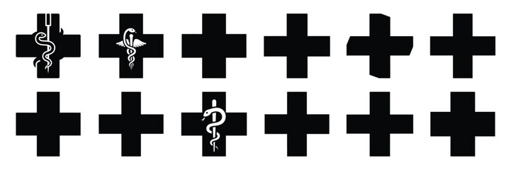 Obraz premium Collection of Silhouette cross medical icon set isolated on transparent background. Vector illustration set.