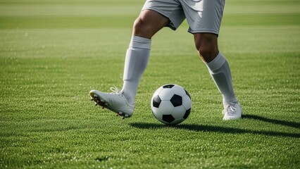 A soccer player dressed in white shorts and socks kicking a black and white soccer ball on a green grassy field