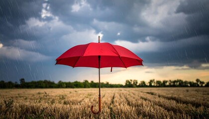 A vibrant red, open umbrella stands in a field of golden crops as rain falls under a cloudy, dramatic sky