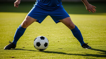 A soccer player dressed in blue jersey and shorts, with black cleats, poised to kick a white soccer ball that is positioned slightly to their
