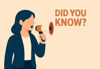 Did you know, fun fact, idea or advice message, useful knowledge or wisdom, expert information, explanation or solution, useful tips concept, woman talk on megaphone on did you know speech bubble.