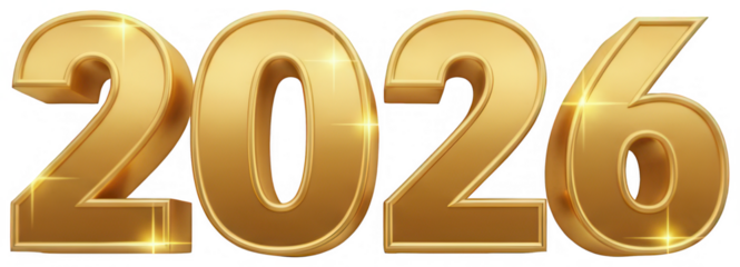 Elegant golden 3D numbers 2026 with highlights on transparent