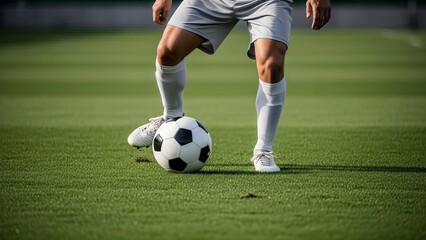 A soccer player dressed in white shorts and socks standing on green grass with their legs spread apart to kick a black and white soccer