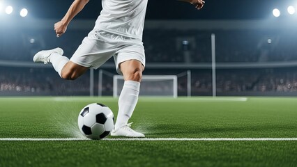 A soccer player dressed in white shorts and socks skillfully maneuvering the ball with their right foot towards the bottom left corner of the frame