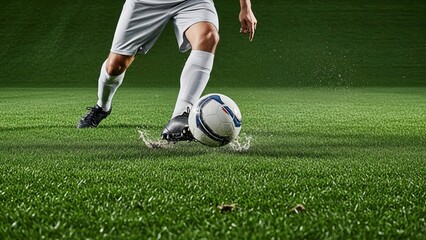 A soccer player dressed in white shorts and black shoes skillfully maneuvering a white-and-blue soccer ball across a lush green field